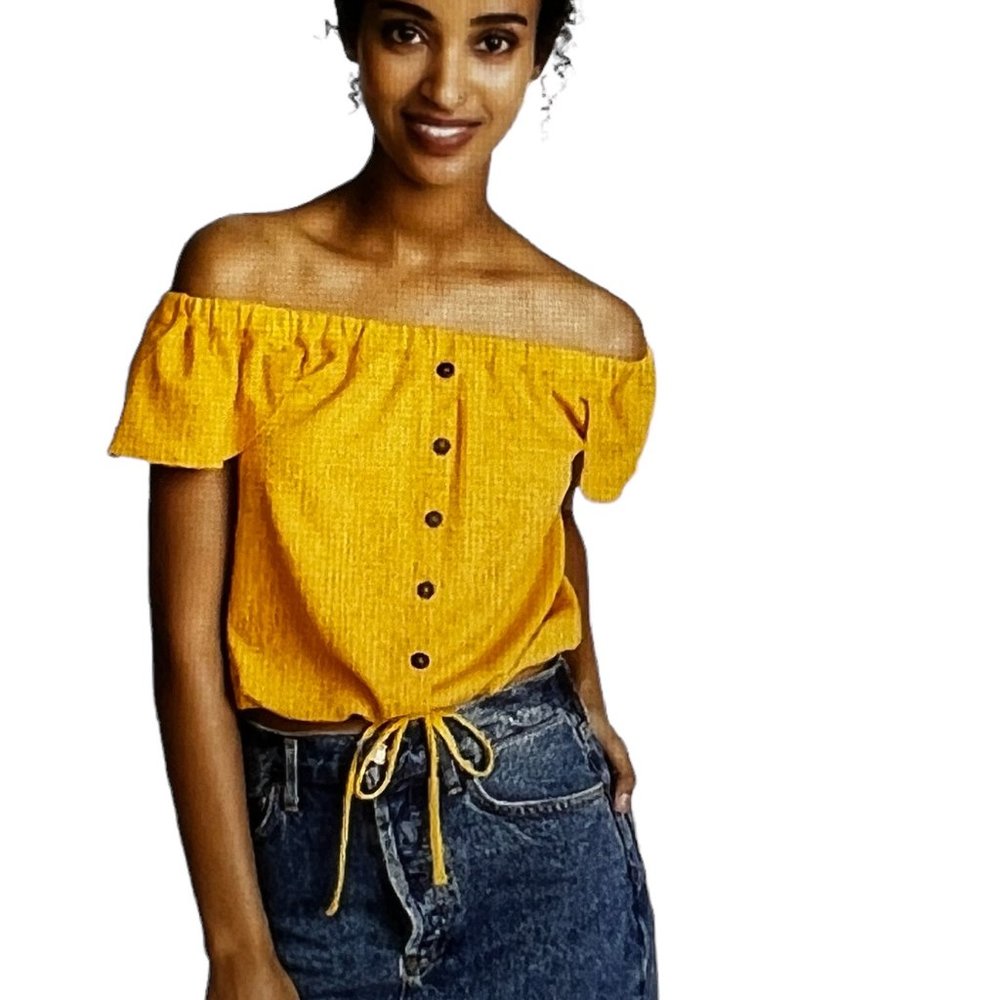 Like new! Madewell Yellow Off-the-Shoulder Textured Tie Waist Top Size S…